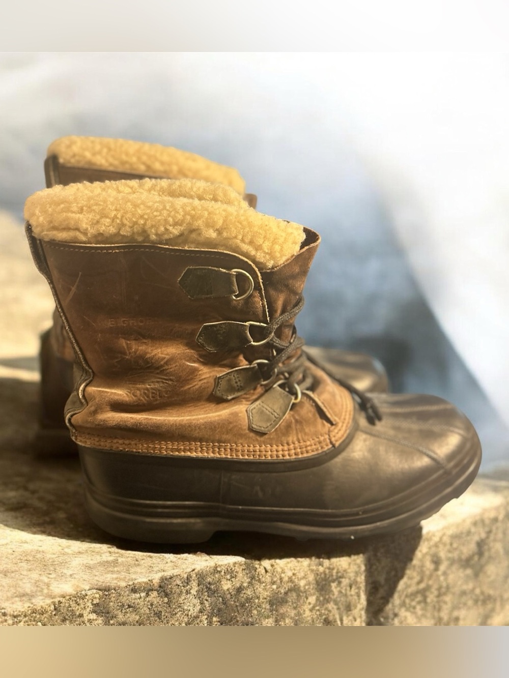 Vintage Sorel Alpine Size 11 Brown Leather Shearling Lined Winter Pac Boots